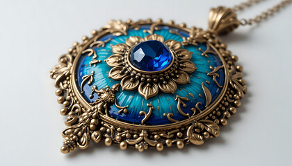 Blue and Gold Enamel Pendant Necklace: Detailed Close-up
