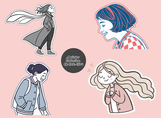 A Collection of Cute Girl Stickers with Different Styles and Outfits on a Pink Background