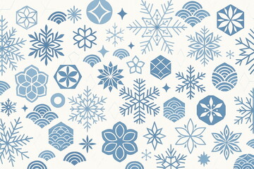雪の結晶のキッチンクロス・青の冬柄背景 ー 雪の結晶と青海波など和文様を散りばめた青系テキスタイル。デザインペーパー、マスキングシールブック、マスキングテープブック、包装紙、ハンカチ、箸、湯呑み、マグカップ、皿、キッチンクロス、キッチン雑貨にも。