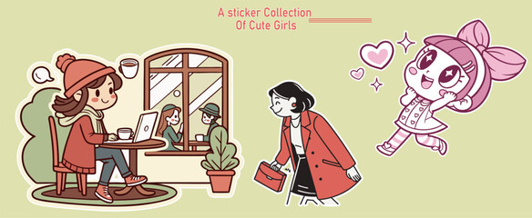 Charming Sticker Collection Featuring Cute Girls in Various Scenes and Poses on a Light Green Background