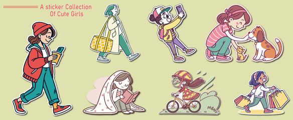 Collection of Cute Cartoon Girl Stickers in Various Activities and Poses on a Light Green Background
