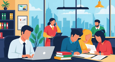 Diverse team collaborating in a modern office, perfect for illustrating teamwork and productivity for business presentations or website banners.