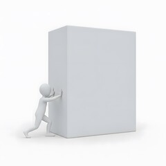 3D Character Pushing Large Cube — Challenge, Effort, or Business Obstacle Concept Illustration