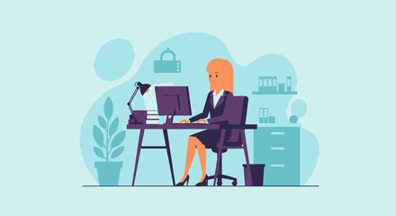 Businesswoman working at her desk, ideal for websites, presentations, and marketing materials.