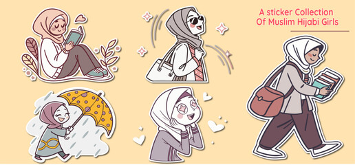 Collection of Adorable Muslim Hijabi Girl Stickers Depicting Everyday Activities and Emotions on a Light Yellow Background