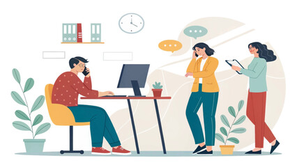 Teamwork in a modern office: Illustration of colleagues collaborating, perfect for business presentations or website banners.