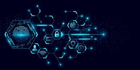 Futuristic digital interface with glowing hexagonal pattern, fingerprint scan and blue hi-tech icons. Tech background for cybersecurity concept, AI, and technology design. Vector illustration. © sersupervector
