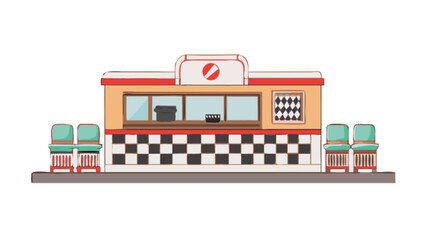 Retro diner restaurant building with chairs and checkered design for food service and dining experience