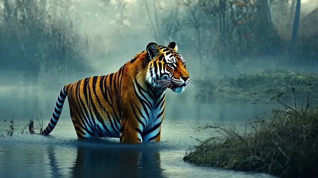 Majestic tiger wades through misty water in a serene forest environment at dawn