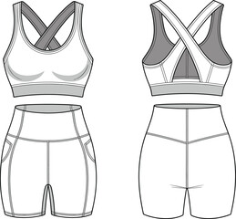 Technical flat sketch of a sports bra with criss-cross straps and high-waisted shorts, an activewear design vector illustration.
