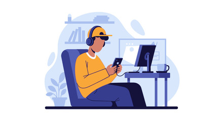 Young man working from home, using computer and phone.  Perfect for website banners, blog posts, or social media.