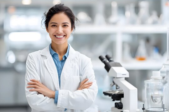 A smiling woman in a lab coat stands in front of a microscope.