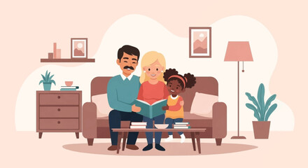 Happy family reading a book together on a cozy sofa - perfect for family, parenting, and children's book websites.