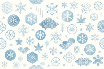 冬の和柄・雪の結晶と青海波のパターンーやわらかなブルーで雪の結晶や青海波を散りばめた冬の和風背景。手拭い・ハンカチ・ミニタオル、温泉・旅館の販促、デザインペーパーや包装紙、マスキングシールシールに最適。ふくさ、箸、湯呑み、マグカップ、皿、キッチンクロス、キッチン雑貨にも。