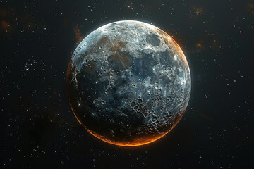 Captivating celestial moon or distant planet with detailed craters and vibrant orange glow illuminating vastness of space.