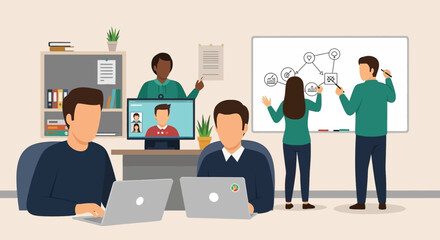 Diverse team collaborating on a project, perfect for illustrating teamwork and brainstorming concepts.