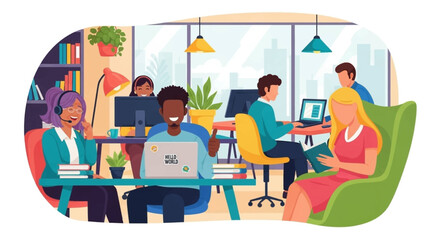 Diverse team working in a modern, vibrant office. Ideal for websites, brochures, and presentations about teamwork, collaboration, and modern workplaces.