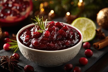A bowl of homemade cranberry sauce is garnished with rosemary. It is perfect for Thanksgiving or Christmas themed designs.