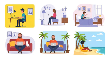 Diverse people working remotely from various locations, ideal for illustrating work-life balance or remote work articles.