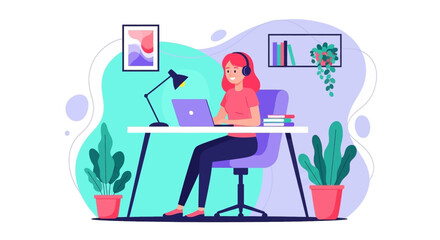 Happy woman working from home on laptop, perfect for remote work, online learning, or freelance concepts.