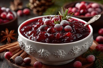 Bowl of cranberry sauce with sugared cranberries and rosemary garnish. Perfect for holiday ads, Thanksgiving recipes, or festive backgrounds.
