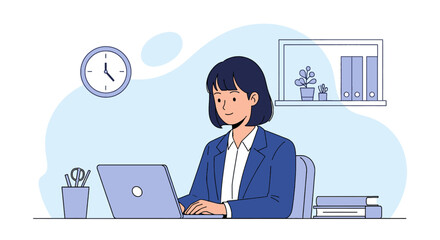 Young businesswoman working on laptop in modern office - perfect for website banners, brochures, or presentations.