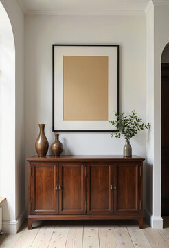 A classic wooden console table in a beautifully lit hallway, featuring a large blank picture frame mockup for showcasing art in a warm and elegant home interior.

