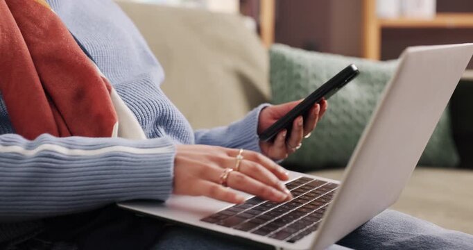 Hands, laptop and typing on sofa, home and e commerce with fintech app, scroll and payment on web. Person, smartphone and computer with online shopping, discount and click with promo code at house