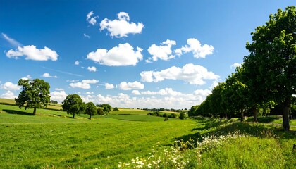 Obraz premium Idyllic countryside landscape with green fields and blue sky with fluffy clouds