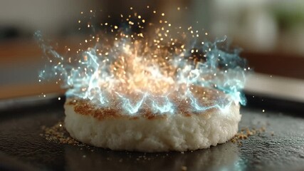 A mesmerizing scene of a rice cake sizzling on a griddle, surrounded by vibrant bursts of blue and orange flames, evoking a sense of culinary magic and excitement.