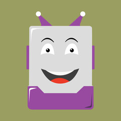 A rectangular purple and gray robot with two antennae on top, big smiling mouth with red tongue, and wide open eyes. It has side panels and is set against an olive green background.
