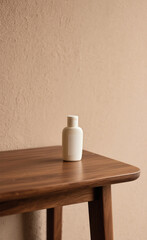 Minimalist bathroom still life with a skincare product, towel, and cactus on a white tray. Concept for a daily beauty routine and self-care.