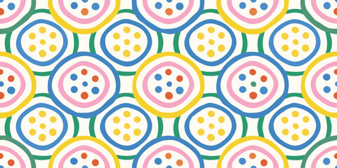 Abstract geometric pattern with colorful circles and dots in a playful whimsical style
