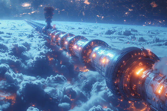 Grand futuristic orbital structure illuminates stratospheric clouds above distant planet, showcasing advanced space technology and engineering innovation