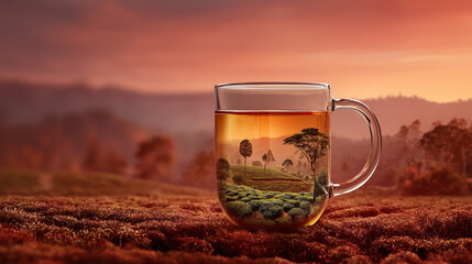 A transparent glass of tea prominently features a vibrant sunset blending into a serene nature setting adorned with florals. This image evokes warmth and tranquility.