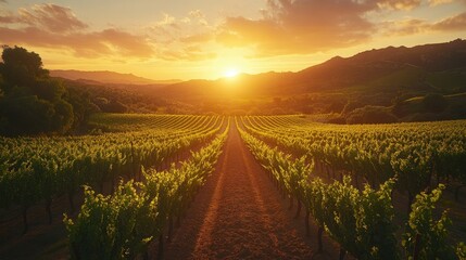 Naklejka premium Sunset over Vineyard Rows with Lush Green Grapes