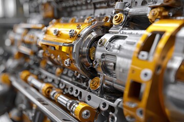Fototapeta premium Close up of complex engine with gold and silver metal parts. Showcasing engineering or manufacturing excellence with intricate details.