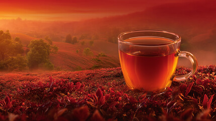 A transparent glass of tea prominently features a vibrant sunset blending into a serene nature setting adorned with florals. This image evokes warmth and tranquility.