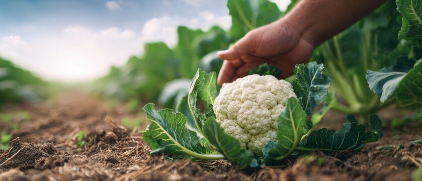 The hand reaching for a fresh cauliflower in a lush garden field