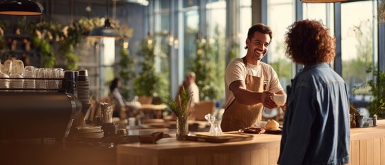 The barista serving coffee with a smile in a vibrant cafe setting