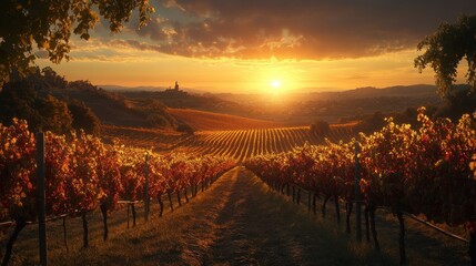 Fototapeta premium Sunset over vineyard with rolling hills and distant town