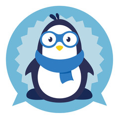Cute Penguin in Goggles and Scarf, Sitting in a Snowflake Badge Framed in Cool Gradient Tones