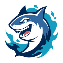 Fierce Shark Mascot with Open Jaw and Splash Elements, Balanced in Clean Wave-Crest Composition