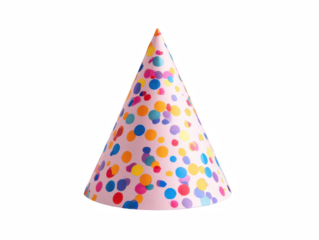 Festive pink party hat adorned with vibrant colorful dots against a clean, isolated background on transparent background
