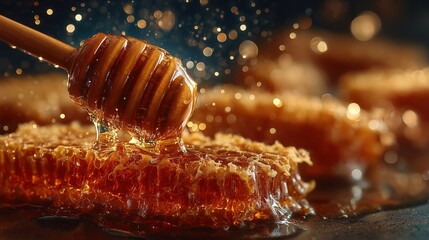 Honey dripping from wooden dipper on honeycomb with golden bokeh