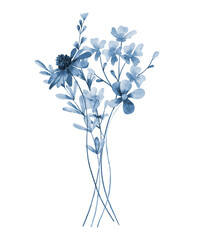 Bouquet blue flowers, digital floral illustration isolated on white background.