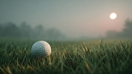 Golf ball rests on the green grass, a foggy sunrise in the background. Perfect for golf articles, promotions, or sports related website.