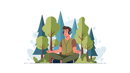 Man meditating in nature with headphones, practicing mindfulness and relaxation in the forest