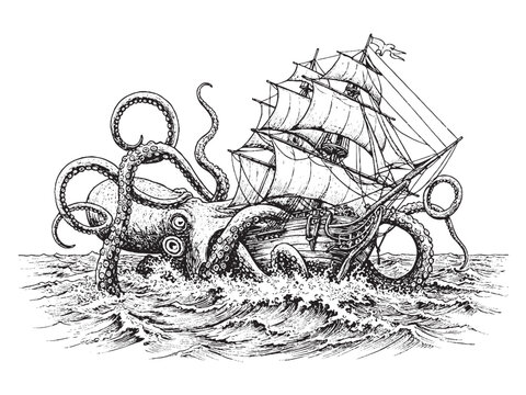 Powerful kraken with curling tentacles and shipwreck scene for nautical fantasy branding or dramatic artwork