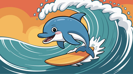 Obraz premium Playful Cartoon Vector SVG Illustration of a Dolphin Surfing on a Wave in Flat Modern Style with Bright Colors